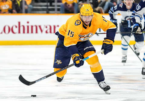 NASHVILLE, TN – NOVEMBER 19: Craig Smith #15 of the Nashville Predators skates against the Winnipeg Jets at Bridgestone Arena on November 19, 2019 in Nashville, Tennessee. (Photo by John Russell/NHLI via Getty Images)