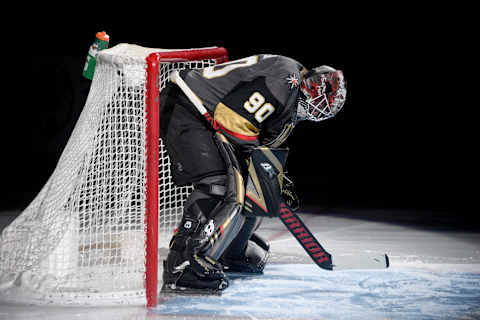 Robin Lehner #90 of the Vegas Golden Knights is introduced before a game against the New Jersey Devils. (Photo by Ethan Miller/Getty Images)