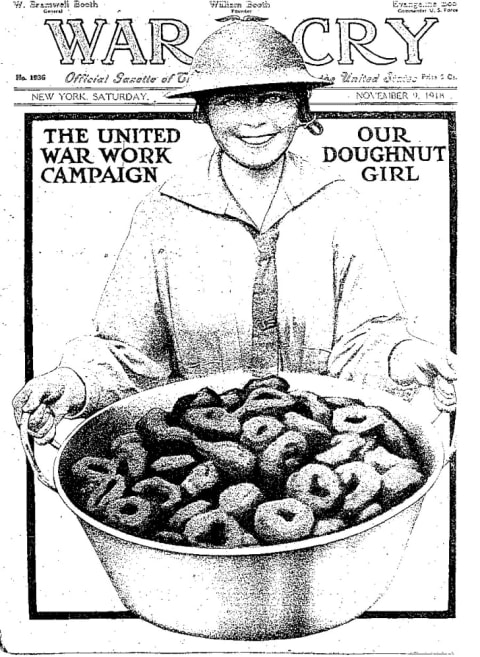 Cover of the Salvation Army Magazine "War Cry" from November 9, 1918, depicting "Doughnut Dollies," the American volunteers serving in France.