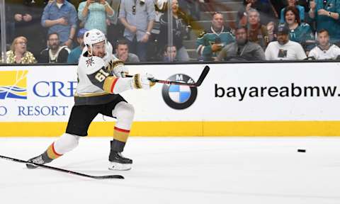 SAN JOSE, CA – APRIL 23: Mark Stone #61 of the Vegas Golden Knights shoots the puck during the third period against the San Jose Sharks in Game Seven of the Western Conference First Round during the 2019 Stanley Cup Playoffs at SAP Center on April 23, 2019 in San Jose, California. (Photo by Jeff Bottari/NHLI via Getty Images)