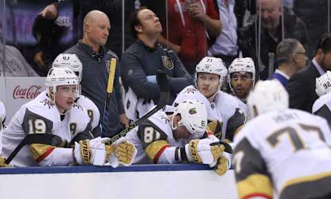 TORONTO, ON – November 6 In third-period action, the Knights bench reacts as the Leafs score an empty net goal.The Toronto Maple Leafs beat the Vegas Golden Knights 3-1 at the Scotiabank Arena in Toronto.November 6, 2018 (Richard Lautens/Toronto Star via Getty Images)