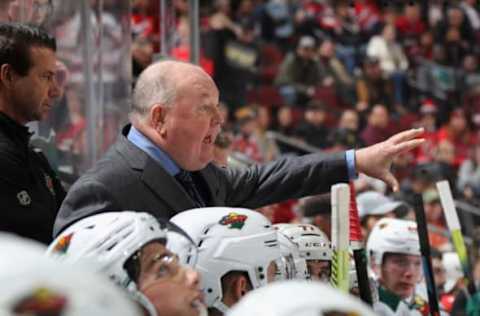 NEWARK, NEW JERSEY – NOVEMBER 26: Head coach Bruce Boudreau of the Minnesota Wild handles bench duties against the New Jersey Devils at the Prudential Center on November 26, 2019, in Newark, New Jersey. (Photo by Bruce Bennett/Getty Images)