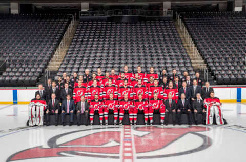 The New Jersey Devils pose for the official team photo for the 2017-2018 season on April 4, 2018 at the Prudential Center in Newark, New Jersey.