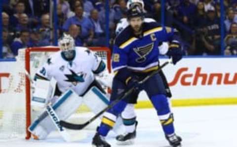 May 23, 2016; St. Louis, MO, USA; San Jose Sharks goalie Martin Jones (31) looks around the screen of St. Louis Blues center David Backes (42) during the first period in game five of the Western Conference Final of the 2016 Stanley Cup Playoffs at Scottrade Center. The Sharks won the game 6-3. Mandatory Credit: Billy Hurst-USA TODAY Sports