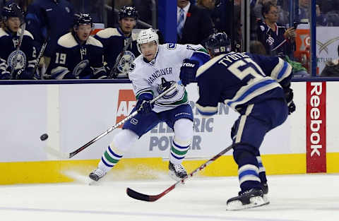 Nov 10, 2015; Columbus, OH, USA; Vancouver Canucks right wing Radim Vrbata (17) shoots against Columbus Blue Jackets defenseman 