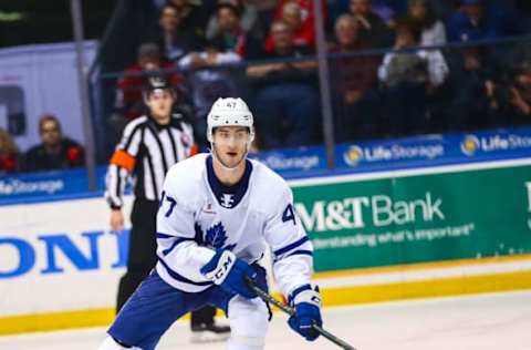 ROCHESTSER, NY – APRIL 19: Toronto Marlies Pierre Engvall (47) skates up ice during game 1 of the Calder Cup Playoffs between Toronto Marlies and the Rochester Americans on April 19, 2019 at Blue Cross Arena in Rochester, NY. (Photo by Jerome Davis/Icon Sportswire via Getty Images).