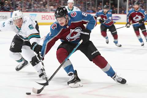 DENVER, CO – APRIL 30: Cale Makar #8 of the Colorado Avalanche skates against Justin Braun #61 of the San Jose Sharks in Game Three of the Western Conference Second Round during the 2019 NHL Stanley Cup Playoffs at the Pepsi Center on April 30, 2019 in Denver, Colorado. (Photo by Michael Martin/NHLI via Getty Images)