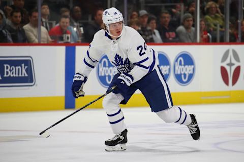 DETROIT, MICHIGAN – OCTOBER 12: Kasperi Kapanen #24 of the Toronto Maple Leafs. (Photo by Gregory Shamus/Getty Images)