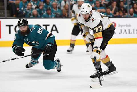 SAN JOSE, CA – APRIL 23: Brandon Pirri #73 of the Vegas Golden Knights skates during the second period against the San Jose Sharks in Game Seven of the Western Conference First Round during the 2019 Stanley Cup Playoffs at SAP Center on April 23, 2019 in San Jose, California. (Photo by Jeff Bottari/NHLI via Getty Images)