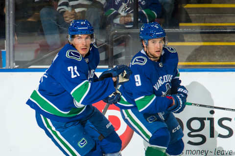 KELOWNA, BC – SEPTEMBER 29: Brendan Leipsic #9 and Loui Eriksson #21 of the Vancouver Canucks skate along the boards against the Arizona Coyotes at Prospera Place on September 29, 2018 in Kelowna, Canada. (Photo by Marissa Baecker/NHLI via Getty Images)