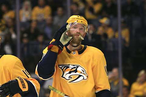 NASHVILLE, TN – OCTOBER 11: Nashville Predators defenseman Mattias Ekholm (14) is shown during the NHL game between the Nashville Predators and the Winnipeg Jets, held on October 11, 2018, at Bridgestone Arena in Nashville, Tennessee. (Photo by Danny Murphy/Icon Sportswire via Getty Images)