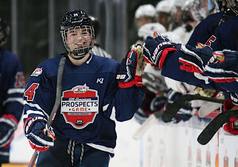 ST. PAUL, MN – SEPTEMBER 19: Team Leopold forward Cole Caufield (14) celebrates his 3rd period goal during the USA Hockey All-American Prospects Game between Team Leopold and Team Langenbrunner on September 19, 2018 at Xcel Energy Center in St. Paul, MN. Team Leopold defeated Team Langenbrunner 6-4.(Photo by Nick Wosika/Icon Sportswire via Getty Images)