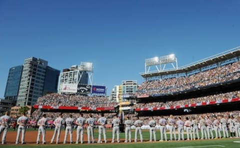 Jul 12, 2016; San Diego, CA, USA; National League players line up for the national anthem before the 2016 MLB All Star Game at Petco Park. Mandatory Credit: Gary A. Vasquez-USA TODAY Sports