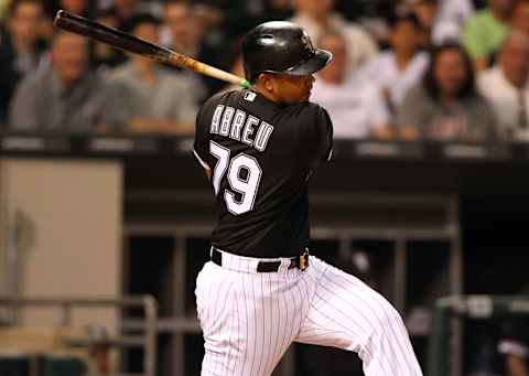 Jun 13, 2016; Chicago, IL, USA; Chicago White Sox first baseman Jose Abreu (79) hits an RBI single during the fifth inning against the Detroit Tigers at U.S. Cellular Field. Mandatory Credit: Caylor Arnold-USA TODAY Sports