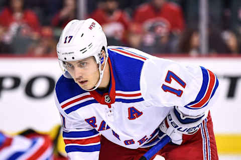 CALGARY, AB – MARCH 15: New York Rangers Right Wing Jesper Fast (17) prepares for a face-off during the first period of an NHL game where the Calgary Flames hosted the New York Rangers on March 15, 2019, at the Scotiabank Saddledome in Calgary, AB. (Photo by Brett Holmes/Icon Sportswire via Getty Images)