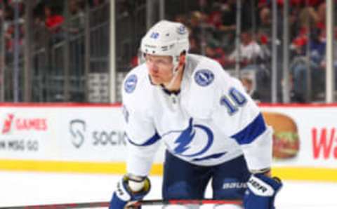 NEWARK, NJ – FEBRUARY 15: Corey Perry #10 of the Tampa Bay Lightning looks on against the New Jersey Devils on February 15, 2022, at the Prudential Center in Newark, New Jersey. (Photo by Rich Graessle/Getty Images)