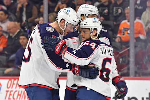 Apr 11, 2023; Philadelphia, Pennsylvania, USA; Columbus Blue Jackets right wing Trey Fix-Wolansky (64) celebrates his goal with defenseman David Jiricek (55) against the Philadelphia Flyers during the first period at Wells Fargo Center. Mandatory Credit: Eric Hartline-USA TODAY Sports