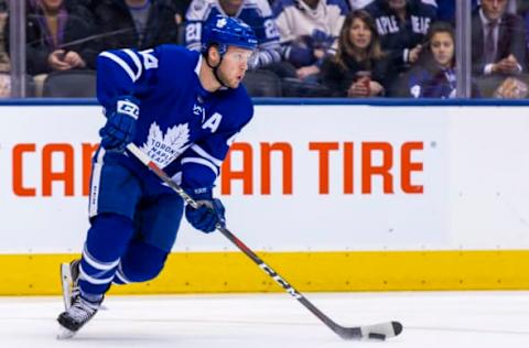 TORONTO, ON – APRIL 19: Morgan Rielly #44 of the Toronto Maple Leafs skates with the puck against the Boston Bruins in Game Four of the Eastern Conference First Round during the 2018 NHL Stanley Cup Playoffs at the Air Canada Centre on April 19, 2018 in Toronto, Ontario, Canada. (Photo by Kevin Sousa/NHLI via Getty Images)