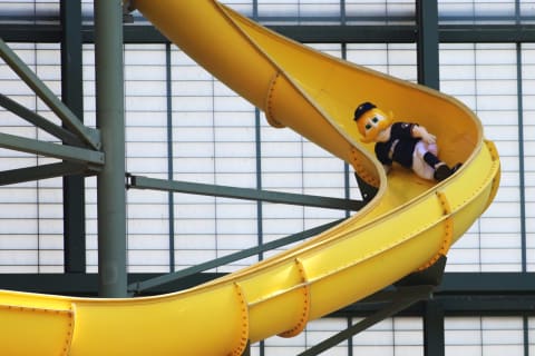 MILWAUKEE, WI – APRIL 23: Milwaukee Brewers mascot Bernie Brewer slides down his slide (Photo by Larry Radloff/Icon Sportswire via Getty Images)