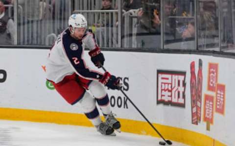 Apr 2, 2022; Boston, Massachusetts, USA; Columbus Blue Jackets defenseman Andrew Peeke (2) skates with the puck against the Boston Bruins during the third period at TD Garden. Mandatory Credit: Gregory Fisher-USA TODAY Sports