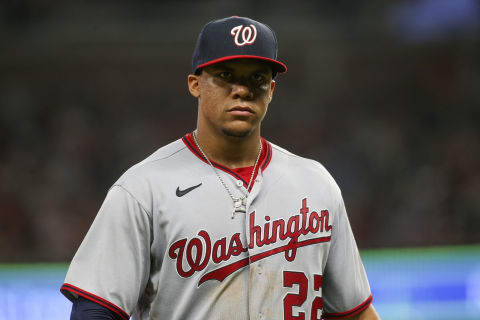 ATLANTA, GA – JULY 08: Juan Soto #22 of the Washington Nationals in action against the Atlanta Braves in the sixth inning at Truist Park on July 8, 2022 in Atlanta, Georgia. (Photo by Brett Davis/Getty Images)