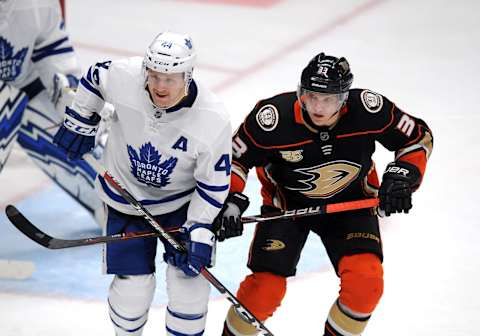 ANAHEIM, CA – NOVEMBER 16: Toronto Maple Leafs defenseman Morgan Rielly (44) and Anaheim Ducks rightwing Jakob Silfverberg (33) in action in front of the Leafs net during the second period of a game played on November 16, 2018 at the Honda Center in Anaheim, CA. (Photo by John Cordes/Icon Sportswire via Getty Images)