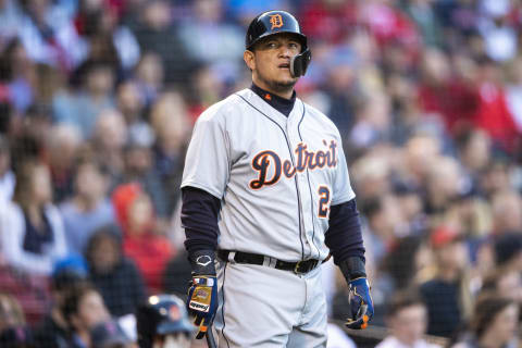 BOSTON, MA – JUNE 6: Miguel Cabrera #24 of the Detroit Tigers looks on during the first inning of a game against the Boston Red Sox on June 6, 2018 at Fenway Park in Boston, Massachusetts. (Photo by Billie Weiss/Boston Red Sox/Getty Images)