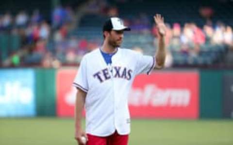 ARLINGTON, TEXAS – JULY 17: Ben Bishop of the Dallas Stars throws out the ceremonial first pitch before the Texas Rangers take on the Arizona Diamondbacks at Globe Life Park in Arlington on July 17, 2019 in Arlington, Texas. (Photo by Tom Pennington/Getty Images)