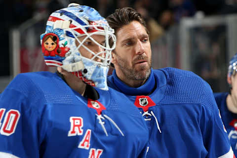 NEW YORK, NY – MARCH 25: Henrik Lundqvist #30 and Alexandar Georgiev #40 of the New York Rangers head off the ice after the third period against the Pittsburgh Penguins at Madison Square Garden on March 25, 2019 in New York City. The Pittsburgh Penguins won 5-2. (Photo by Jared Silber/NHLI via Getty Images)