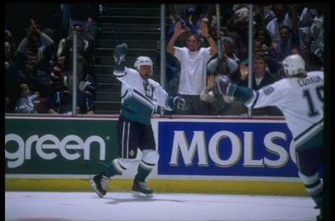 5 Nov 1995: Leftwinger Garry Valk of the Anaheim Mighty Ducks celebrates after scoring against the New Jersey Devils during a game at Arrowhead Pond in Anaheim, California. Mandatory Credit: Glenn Cratty /Allsport