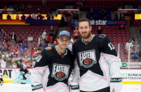 SUNRISE, FLORIDA – FEBRUARY 04: Johnny Gaudreau #13 of the Columbus Blue Jackets and Kevin Hayes #13 of the Philadelphia Flyers pose during the 2023 NHL All-Star Game at FLA Live Arena on February 04, 2023 in Sunrise, Florida. (Photo by Bruce Bennett/Getty Images)