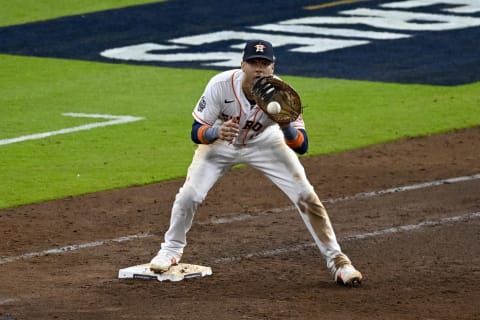 Oct 28, 2022; Houston, Texas, USA; Houston Astros first baseman Yuli Gurriel (10) in action during game one between the Houston Astros and the Philadelphia Phillies of the 2022 World Series at Minute Maid Park. Mandatory Credit: Jerome Miron-USA TODAY Sports