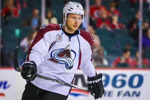 Mar 18, 2016; Calgary, Alberta, CAN; Colorado Avalanche defenseman Erik Johnson (6) skates against the Calgary Flames during the second period at Scotiabank Saddledome. Colorado Avalanche won 4-3. Mandatory Credit: Sergei Belski-USA TODAY Sports