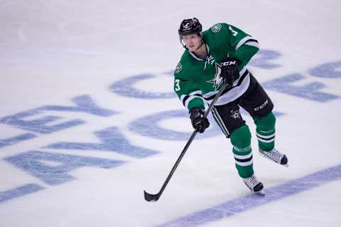 May 1, 2016; Dallas, TX, USA; Dallas Stars defenseman John Klingberg (3) skates against the St. Louis Blues during game two of the first round of the 2016 Stanley Cup Playoffs at the American Airlines Center. The Blues win 4-3 in overtime. Mandatory Credit: Jerome Miron-USA TODAY Sports