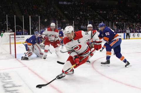 UNIONDALE, NEW YORK – JANUARY 08: Justin Williams #14 of the Carolina Hurricanes skates against the New York Islanders at NYCB Live at the Nassau Veterans Memorial Coliseum on January 08, 2019 in Uniondale, New York. The Hurricanes defeated the Islanders 4-3. (Photo by Bruce Bennett/Getty Images)