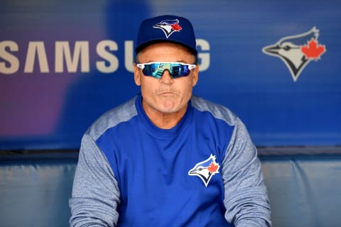 Sep 26, 2018; Toronto, Ontario, CAN; Toronto Blue Jays manager John Gibbons in the dugout before the game against the Houston Astros at Rogers Centre. Mandatory Credit: Gerry Angus-USA TODAY Sports