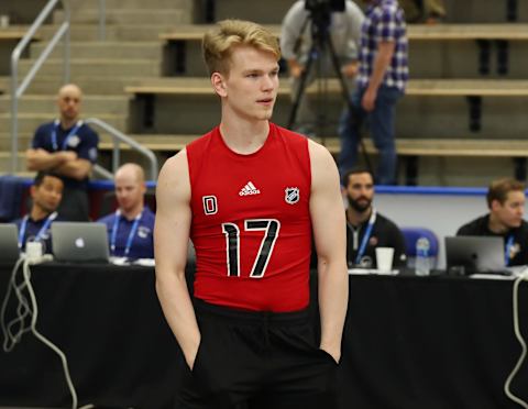 BUFFALO, NY – JUNE 1: Bowen Byram prepares for his next test during the 2019 NHL Scouting Combine on June 1, 2019 at Harborcenter in Buffalo, New York. (Photo by Bill Wippert/NHLI via Getty Images)