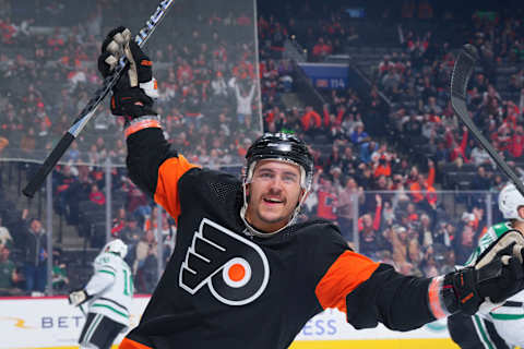 Travis Konecny of the Philadelphia Flyers celebrates after scoring a goal against the Dallas Stars. (Photo by Mitchell Leff/Getty Images)