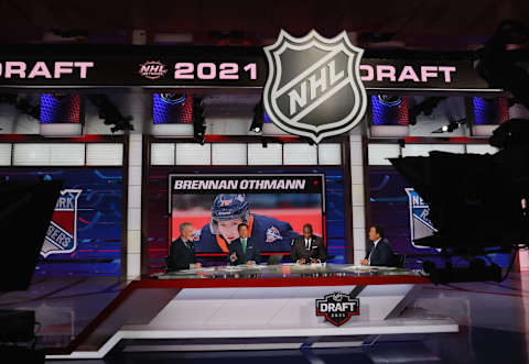 SECAUCUS, NEW JERSEY – JULY 23: With the 16th pick in the 2021 NHL Entry Draft, the New York Rangers select Brennan Othmann during the first round of the 2021 NHL Entry Draft at the NHL Network studios on July 23, 2021 in Secaucus, New Jersey. (Photo by Bruce Bennett/Getty Images)