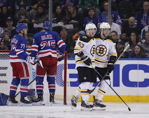 NEW YORK, NEW YORK – OCTOBER 27: Brad Marchand #63 of the Boston Bruins celebrates his goal at 1:08 of the second period against Henrik Lundqvist #30 of the New York Rangers and is joined by David Pastrnak #88 (R) at Madison Square Garden on October 27, 2019 in New York City. (Photo by Bruce Bennett/Getty Images)