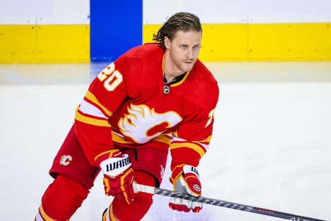 Apr 23, 2022; Calgary, Alberta, CAN; Calgary Flames center Blake Coleman (20) skates during the warmup period against the Vancouver Canucks at Scotiabank Saddledome. Mandatory Credit: Sergei Belski-USA TODAY Sports