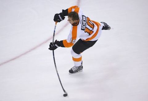 Feb 20, 2016; Toronto, Ontario, CAN; Philadelphia Flyers center Brayden Schenn (10) warms up before game against the Toronto Maple Leafs at Air Canada Centre. Mandatory Credit: Tom Szczerbowski-USA TODAY Sports