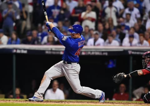 Nov 2, 2016; Cleveland, OH, USA; Chicago Cubs first baseman Anthony Rizzo (44) hits a RBI single against the Cleveland Indians in the 5th inning in game seven of the 2016 World Series at Progressive Field. Mandatory Credit: Ken Blaze-USA TODAY Sports