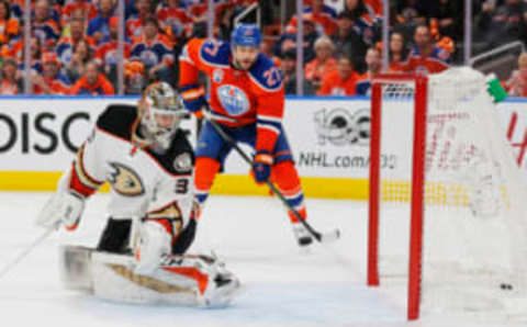 Edmonton Oilers forward Milan Lucic (27) watches a shot (Perry Nelson-USA TODAY Sports)