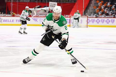 DETROIT, MICHIGAN – APRIL 24: Jamie Oleksiak #2 of the Dallas Stars  (Photo by Gregory Shamus/Getty Images)