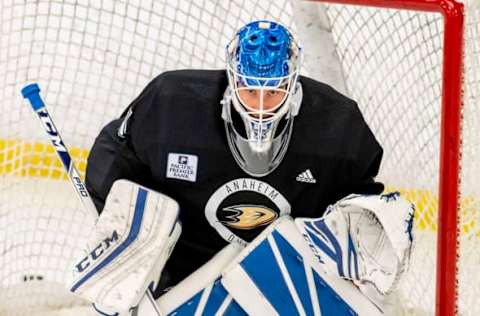 ANAHEIM, CA – SEPTEMBER 06: Goaltender Lukas Dostal #1 of the Anaheim Ducks prepares to block a shot during the Anaheim Ducks Rookie Camp at Anaheim ICE in Anaheim on Thursday, September 6, 2018. (Photo by Leonard Ortiz/Digital First Media/Orange County Register via Getty Images)