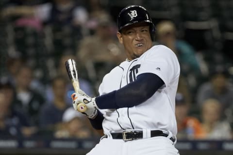 May 16, 2017; Detroit, MI, USA; Detroit Tigers first baseman Miguel Cabrera (24) reacts after he is hit by a pitch in the 11th inning against the Baltimore Orioles at Comerica Park. Mandatory Credit: Rick Osentoski-USA TODAY Sports