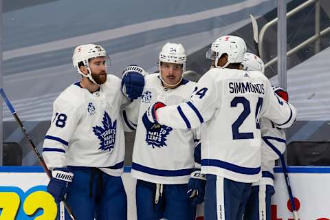 EDMONTON, AB – JANUARY 28: T.J. Brodie #78, Auston Matthews #34 and Wayne Simmonds #24 of the Toronto Maple Leafs . (Photo by Codie McLachlan/Getty Images)