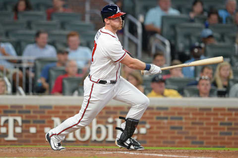 ATLANTA, GA JULY 26: Braves outfielder Michael Reeed (57) gets his first hit of the season during the game between Atlanta and Los Angeles on July 26th, 2018 at SunTrust Park in Atlanta, GA. The Los Angeles Dodgers beat the Atlanta Braves by a score of 8 2. (Photo by Rich von Biberstein/Icon Sportswire via Getty Images)