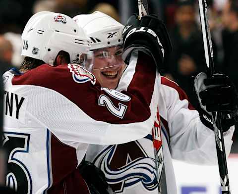 VANCOUVER, CANADA – APRIL 6: Matt Duchene #9 of the Colorado Avalanche celebrates with teammate Paul Stastny #26 after scoring in the shootout during their game against the Vancouver Canucks at General Motors Place on April 6, 2010 in Vancouver, British Columbia, Canada. Colorado won 4-3 in a shootout and clinched a playoff spot. (Photo by Jeff Vinnick/NHLI via Getty Images)